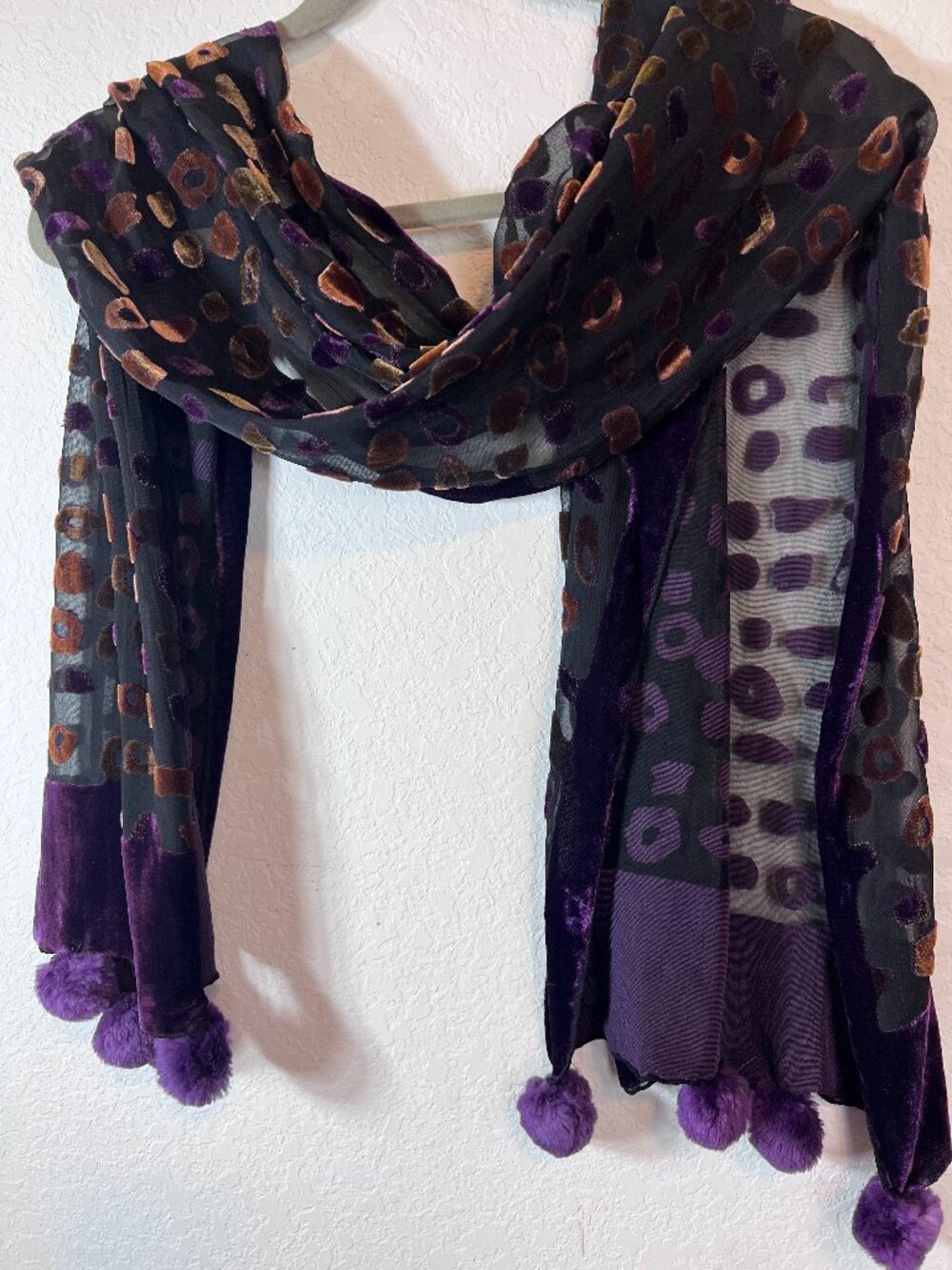 Mitchie's 100% Silk Velvet Burnout Pom Pom Scarf Wrap Purple Gold Whimsigoth